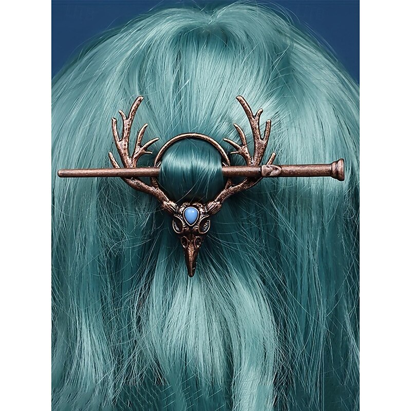 Women's Gothic Antler Hair Stick Clip – Vintage Alloy Deer Skull Hairpin with Blue Stone for Halloween Parties, Cosplay and Retro Occasions3