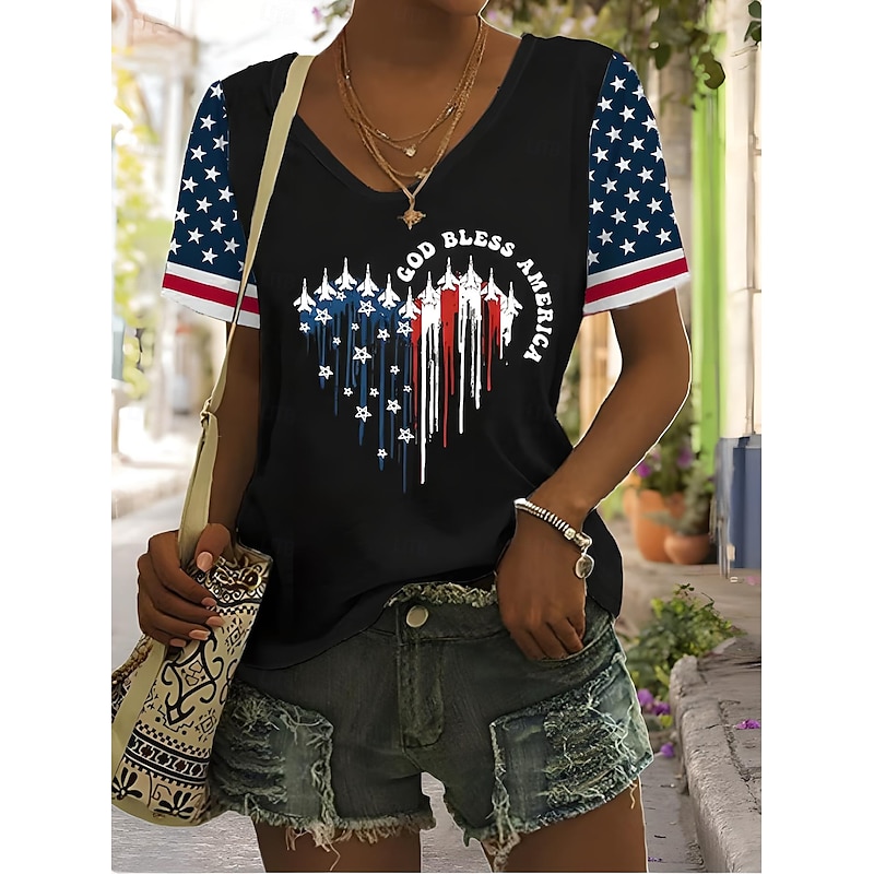 Women's Patriotic  T Shirt Graphic Plants American Flag Vintage Stylish Classic Short Sleeve V Neck Regular Tops Daily Weekend Print Black White Red Light Brown Blue