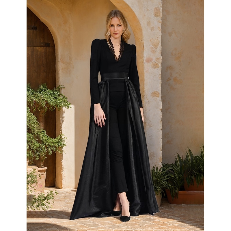 Jumpsuit / Pantsuit Mother of the Bride Jumpsuit Detachable Overskirt Elegant Simple Minimalist V Neck Floor Length Ankle Length Satin Crepe Stretch Fabric Long Sleeve with Lace