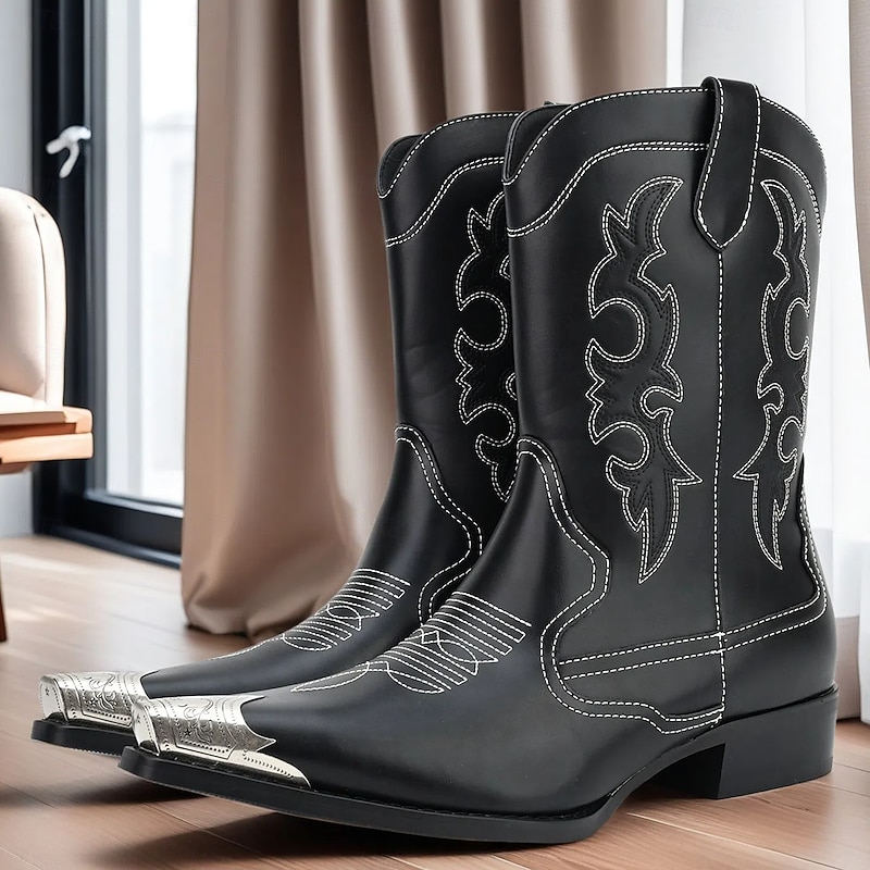 Men's Black Leather Western Boots with Silver Toe Cap and Decorative Stitching – Stylish Cowboy Boots for Rodeos, Country Events & Casual Wear