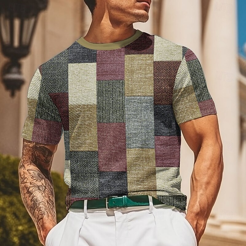 Men's Geometric Line Waffle Shirt Short Sleeve T shirt 3D Print Crew Neck Shirt Fashion Casual Comfortable Street Casual Daily Red Blue Green Summer Spring Clothing Apparel S M L XL XXL XXXL4