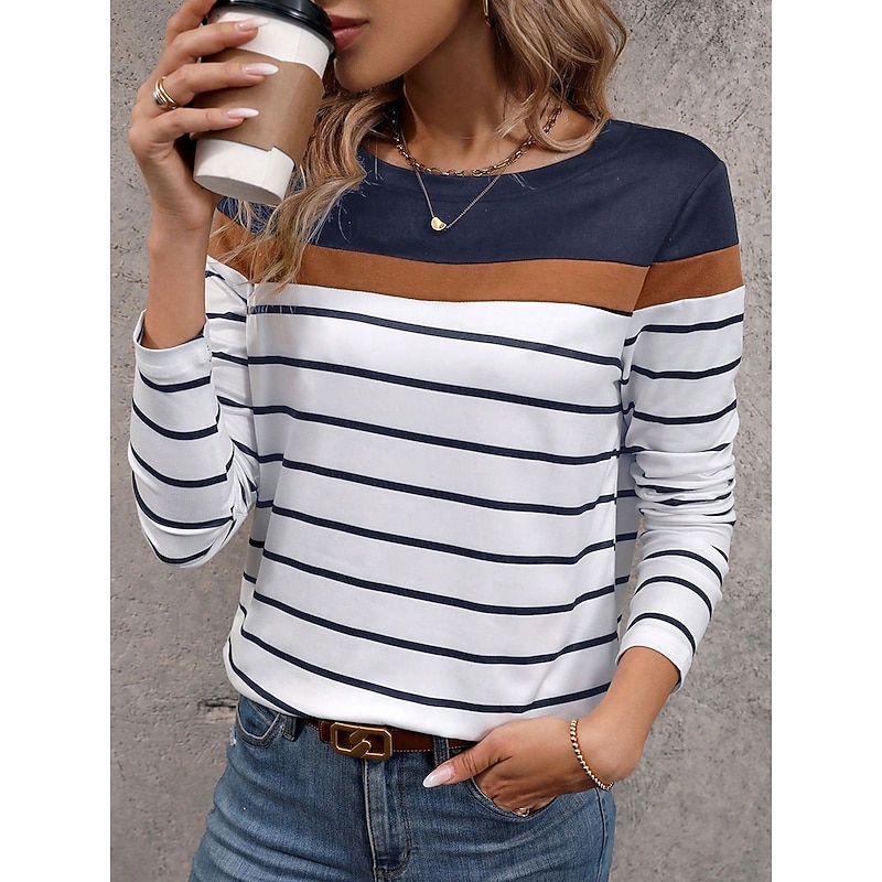 Women's T shirt Crew Neck Long Sleeve Tunic Graphic Striped Stylish Classic Casual  Regular Tops Daily Weekend Print Black Navy Blue Green Gray Fall