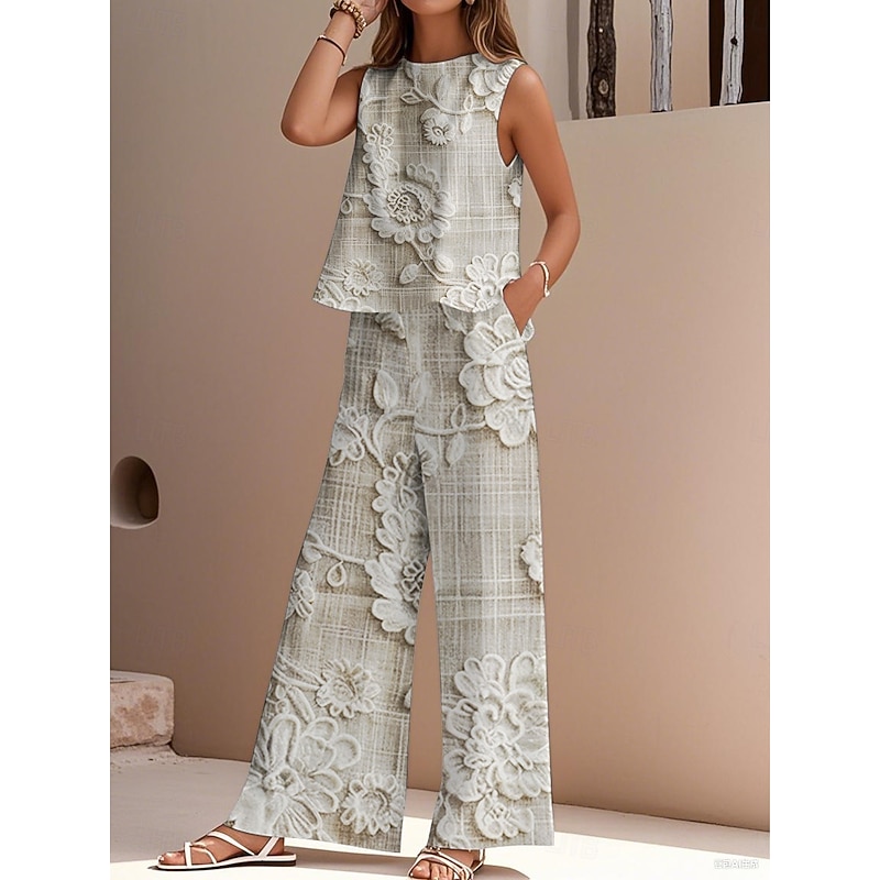Women's Elegant Fashion Streetwear Two Piece Sets Blouse Vest Pants Trousers Sleeveless Crew Neck Outdoor Work Casual Floral Print Vacation Daily Holiday Green Summer Regular Fit