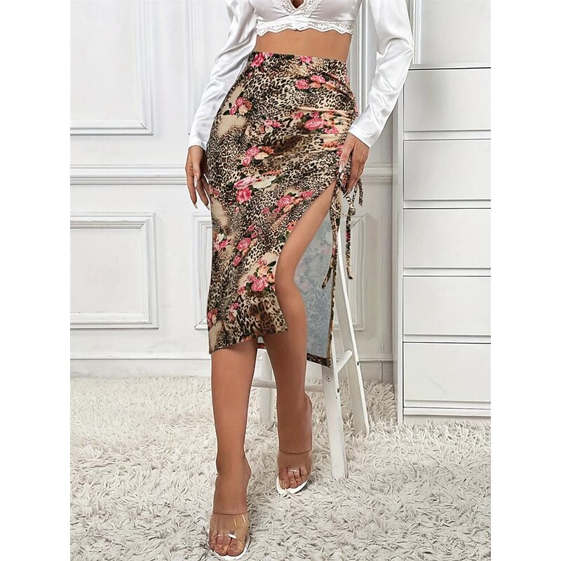 Women's Skirt Bodycon Fashion Casual Midi High Waist Skirts Leopard Floral Print Micro-elastic Party Street Khaki Summer Polyester4