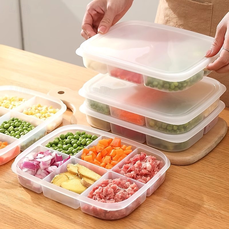 2PCS Food Grade Refrigerator Storage Containers, Multi-Compartment Fresh-Keeping Boxes, Thickened Freezer Organizer with 4 and 6 Sections for Kitchen Food Sorting