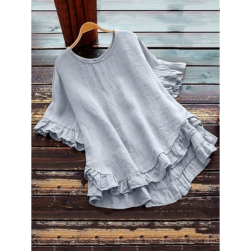 Women's Cotton Linen Shirts Solid Color Basic Casual Short Sleeve Crew Neck Regular Tops Daily Ruffle Buttons White Yellow Pink Wine Gray Summer Spring
