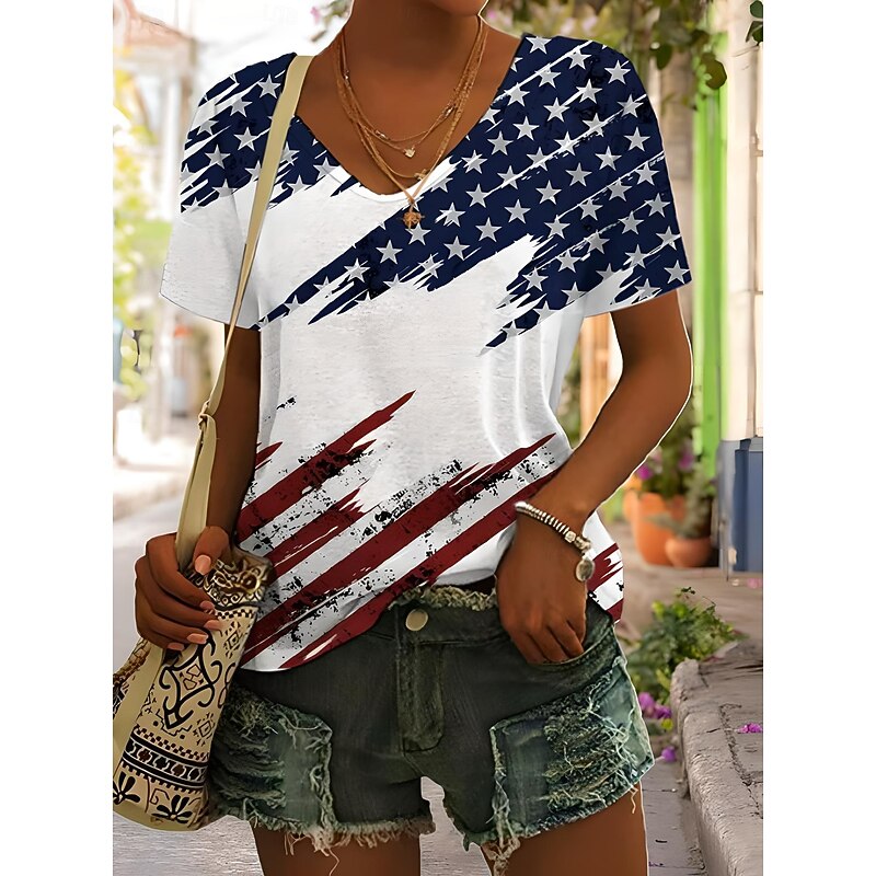 Women's Patriotic  T Shirt Graphic Plants American Flag Vintage Stylish Classic Short Sleeve V Neck Regular Tops Daily Weekend Print Black White Red Light Brown Blue2