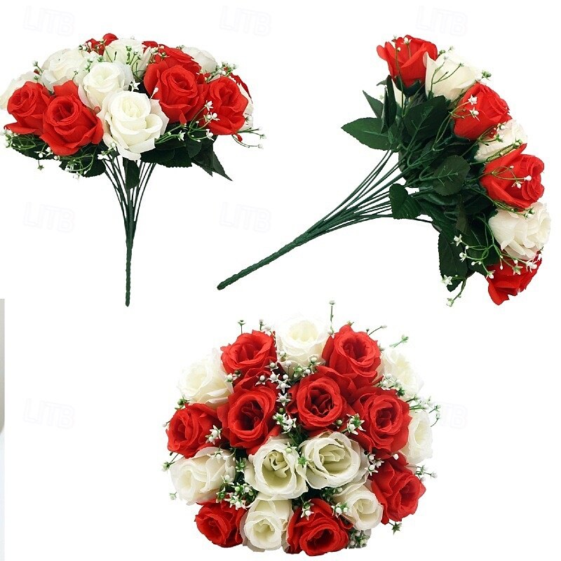 Artificial Rose Bouquet with 18 Roses and Small Flowers, Handheld Floral Arrangement for Home Decor, Festivals, and Wedding Bouquets2