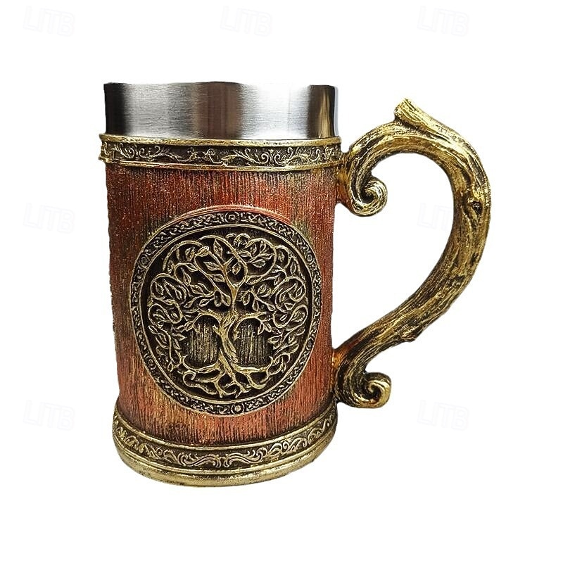 Medieval Tree of Life Beer Mug Oktoberfest Gift Mug with Stainless Steel Liner, Mythical World Tree Tankard, Unique Viking Style Stein Coffee Mug3