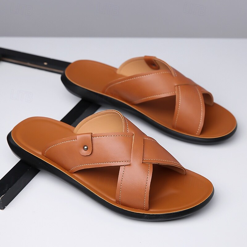Men's Tan Faux Leather Cross-Strap Sandals Comfortable Slip-On Design with Durable Rubber Sole Ideal for Casual Summer Beach and Outdoor Activities2