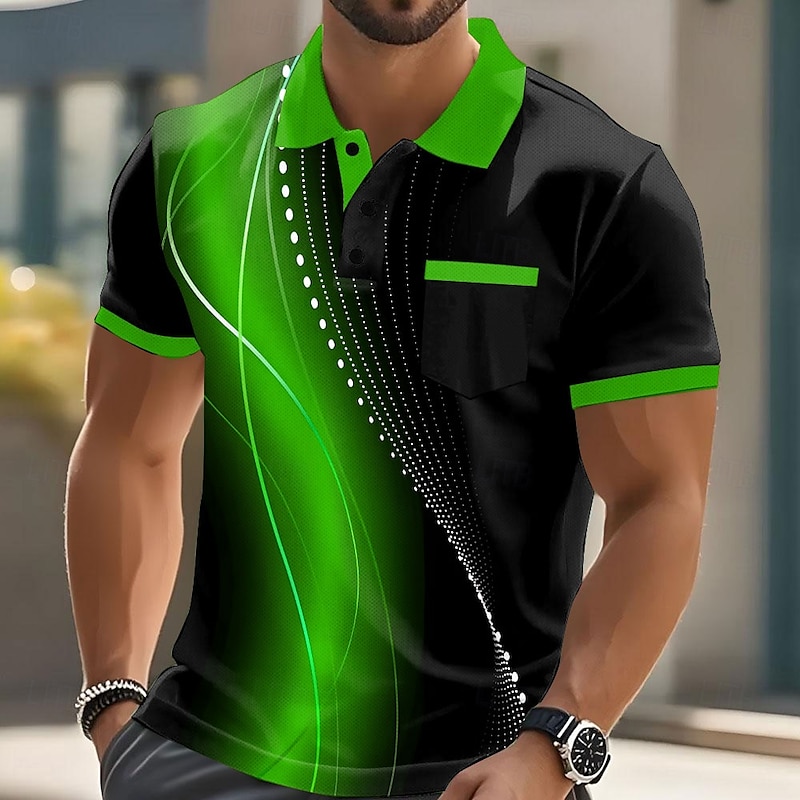 Men's Geometic Line Polo Short Sleeve Polo Shirts Collared Shirts Business Casual Outdoor Athleisure Daily Wear Pocket 3D Print Buttons Summer Lake blue Red Blue4