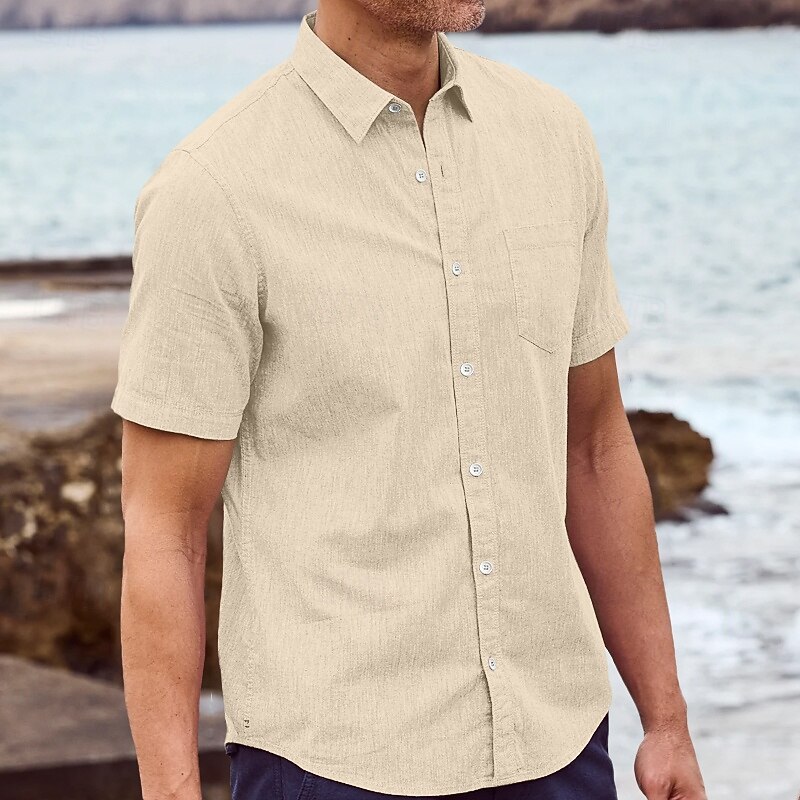 Men's Shirt Linen Shirt Summer Shirt Beach Wear Button Up Shirt Solid Color Vacation Casual White Blue Khaki Gray Short Sleeve Turndown Spring & Summer Clothing Apparel Pocket3