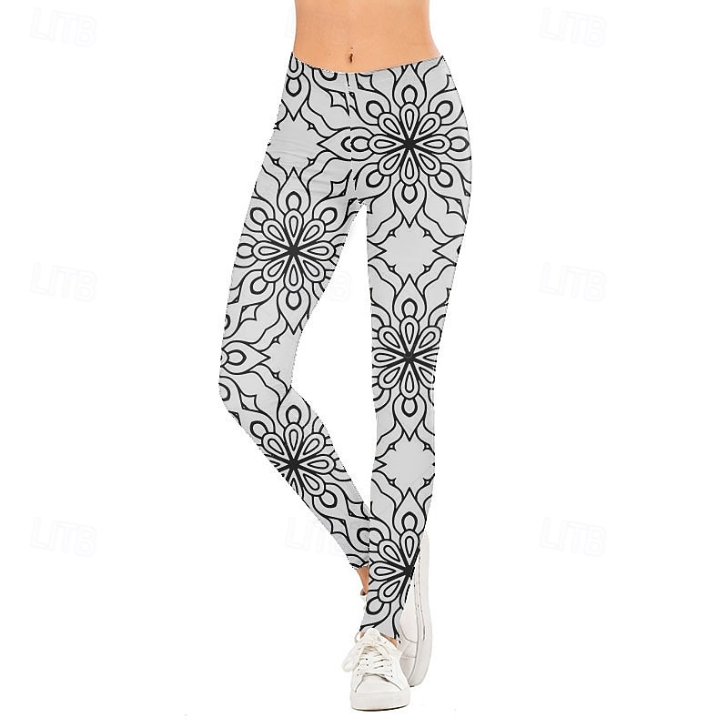 Women's Slacks Leggings Cozy Leggings Streetwear Casual Full Length Natural Geometic Elastic Waist Print Comfy Outdoor Comfortable Outdoor Vacation Holiday milk white Black & White Black and White