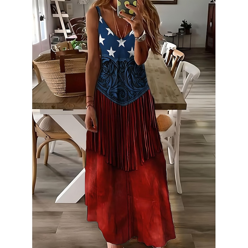 Women's Patriotic  Maxi Dress A Line Dress Slip Dress Vacation Casual Daily Holiday Graphic American Flag Sleeveless V Neck Spaghetti Strap White Red Sky Blue3