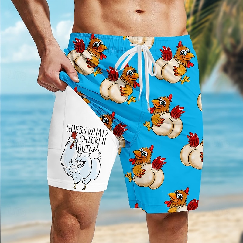 Men's Animal Chick Funny Lined Shorts 2 in 1 Board Shorts Swim Shorts Mid Waist Hawaiian Holiday Side Pockets With Compression Liner Elastic Drawstring Waist Designer Clothing Apparel2