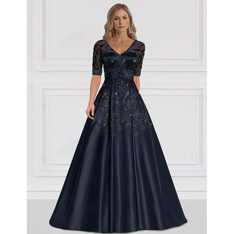 A-Line Mother of the Bride Dress Wedding Guest Elegant Simple V Neck Floor Length Satin Half Sleeve with Lace4