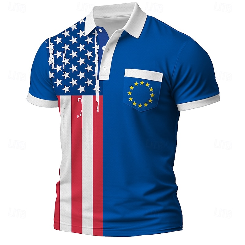 American Independence Day Men's American US Flag Polo Short Sleeve Polo Shirts Collared Shirts Casual Athleisure Daily Wear Buttons 3D Print Summer Blue
