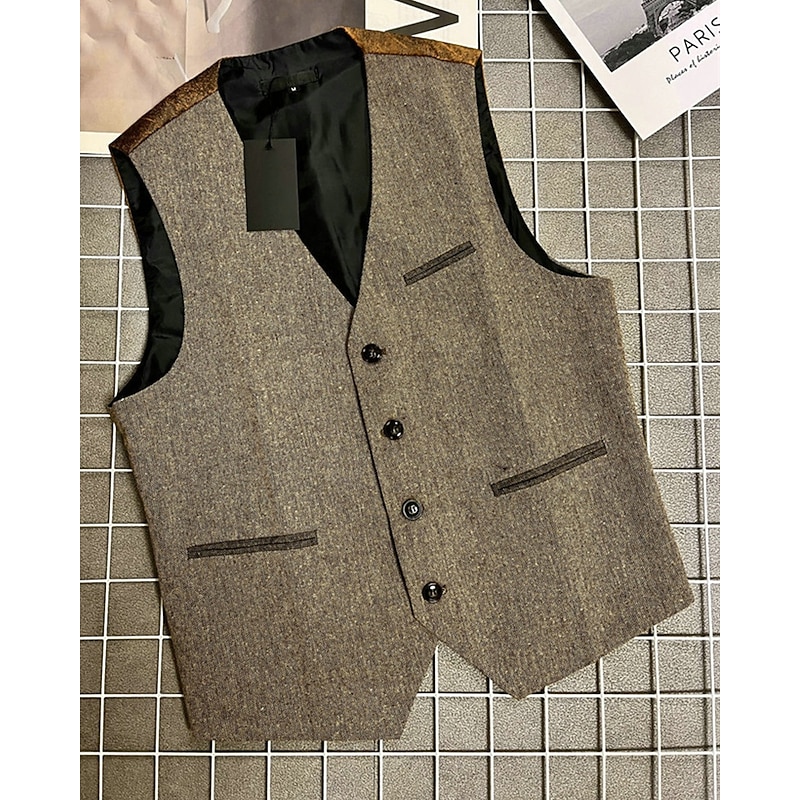 Men's Vest Waistcoat Gilet Vacation Party Business Fashion Casual Summer Spring Pocket Buttons Polyester Comfortable Color Block Single Breasted One-button V Neck Regular Fit Coffee Vest