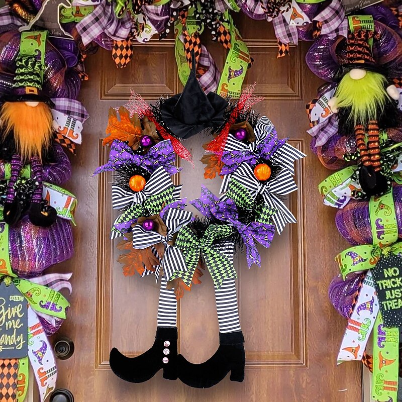 Halloween Wreaths for Front Door Indoor Outdoor Farmhouse Decoration, Witch Hat Long Leg Pumpkin Wreath Hanging Prop for Haunted House Spooky Decor2