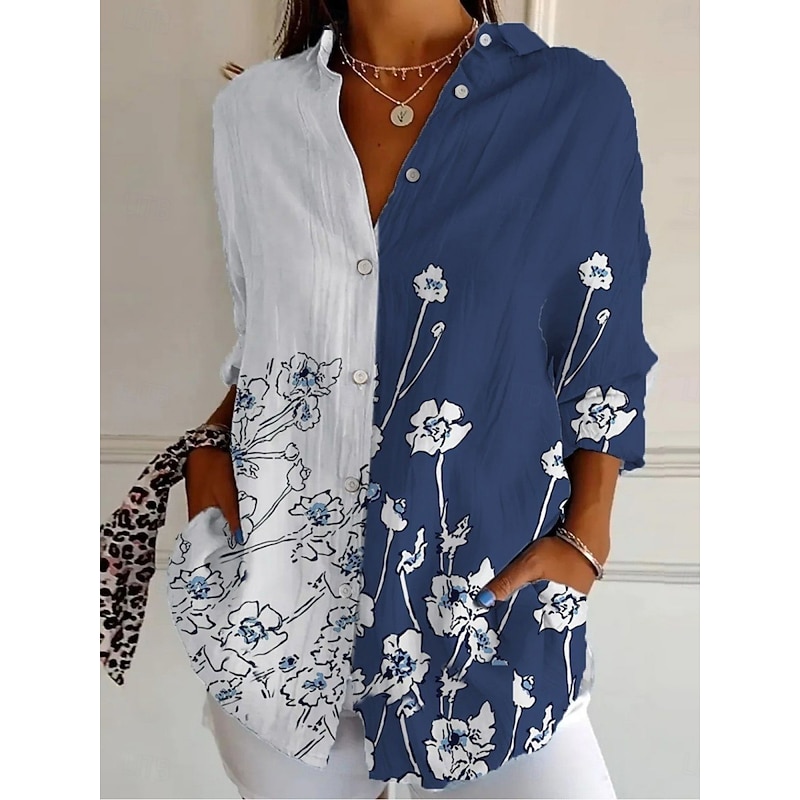Women's Shirt Floral Active Daily Stylish Long Sleeve Shirt Collar Regular Tops Daily Holiday Buttons Print Blue Spring Fall