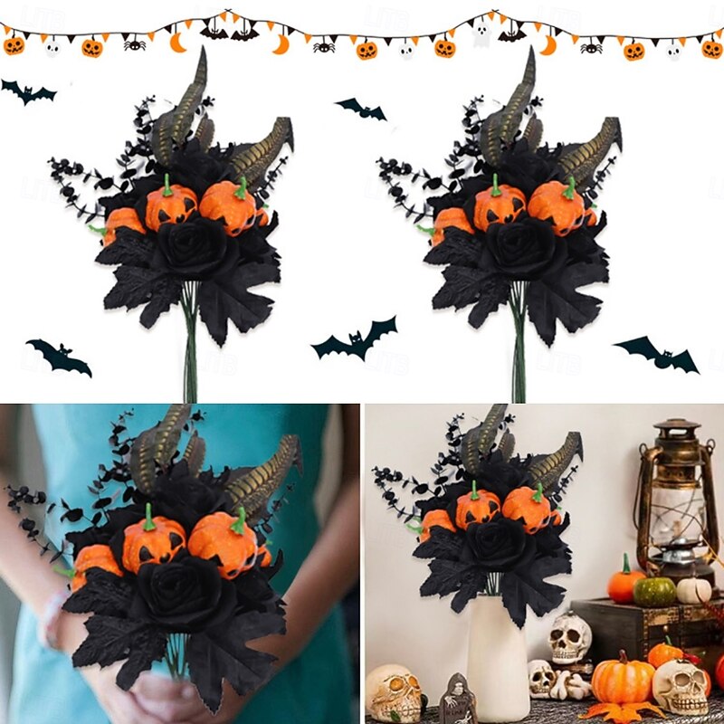 Halloween Black Artificial Flower Bouquet, Gothic Rose Eucalyptus Pumpkin Floral Arrangement, Spooky Home Party Table Decor Set3
