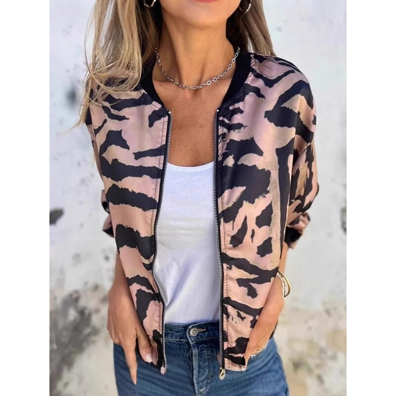 Women's Bomber Jacket Casual Jacket Comfortable Breathable Zipper Print Casual Leopard Vacation Street Casual Daily Wear Zipper Regular Stand Collar Regular Fit Long Sleeve Outerwear Pink Apricot4