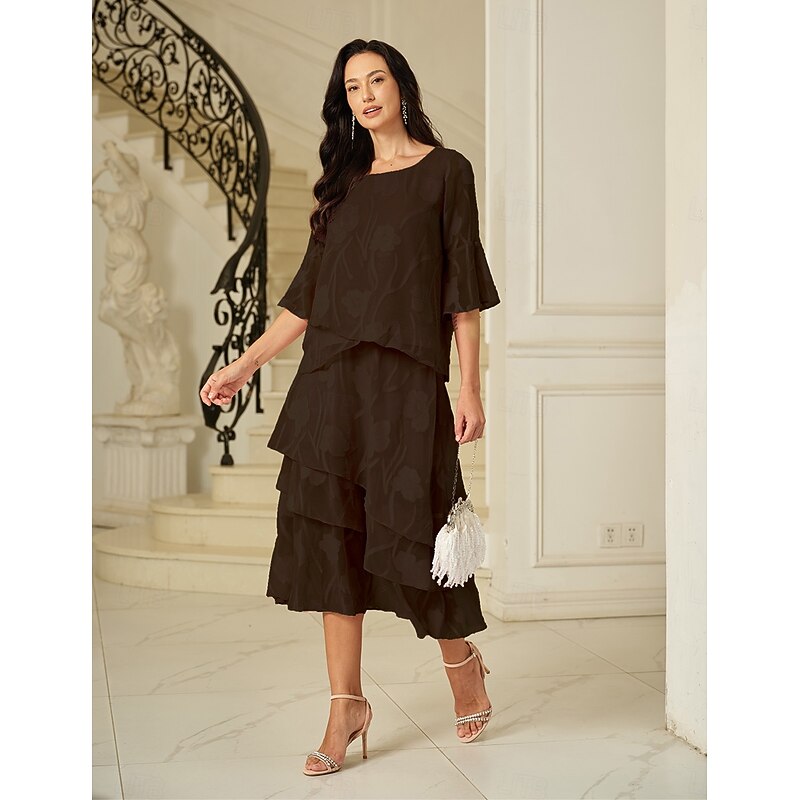 Women's Skirt Elegant Midi Mid Waist Skirts Floral Layered Inelastic Party Causal Brown Summer Chiffon4