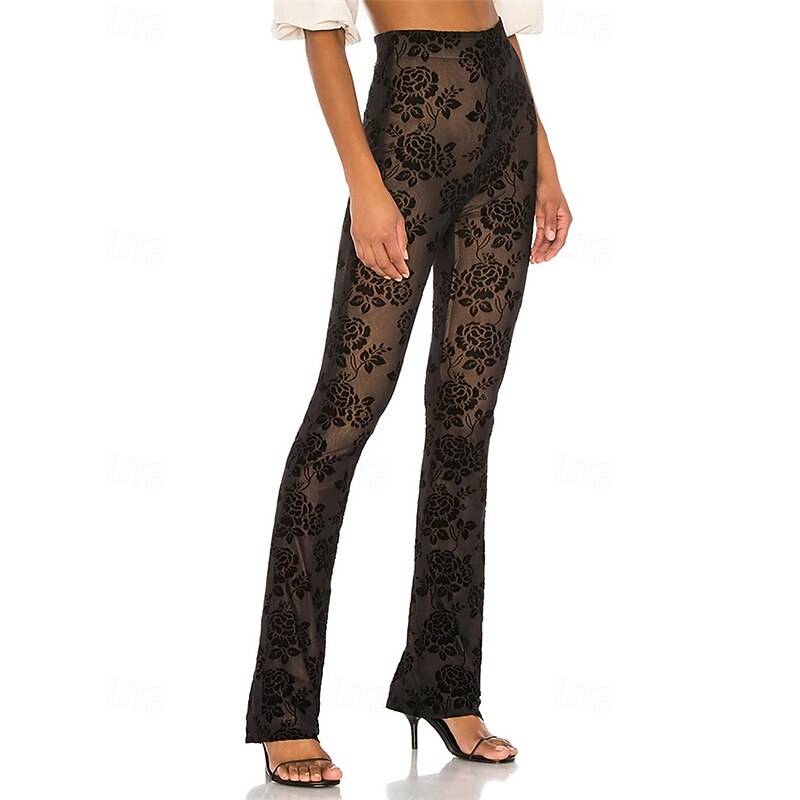Women's Slacks Pants Trousers Fashion Streetwear Full Length Natural Flower See Through Comfortable Micro-elastic Party Daily Wear Black Summer Spring Regular Fit2