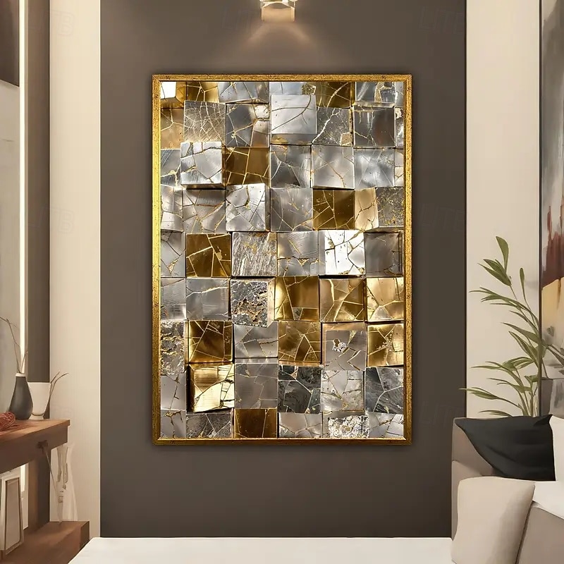 1pcs Frameless Abstract Metal Cube Mosaic Wall Painting Modern Canvas Poster Living Room and Bedroom Decor Artwork2