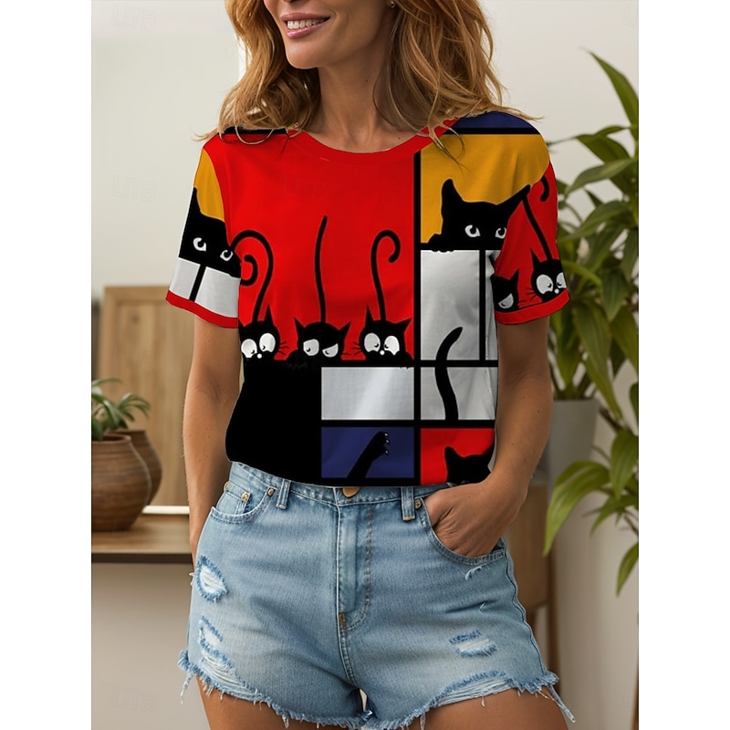 Women's T Shirt Graphic Geometric Cat Vintage Stylish Classic Short Sleeve Crew Neck Round Neck Regular Tops Daily Weekend Print Yellow Red Blue Summer Spring