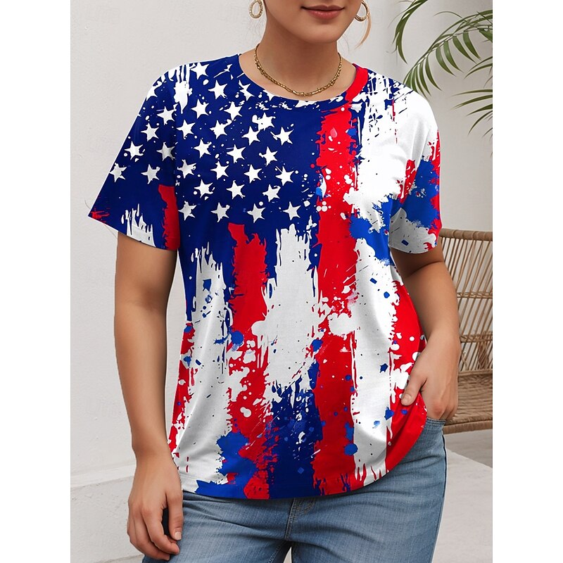 American Independence Day Women's Plus Size Tops T Shirt Graphic Flag Print Short Sleeve Crew Neck Casual Daily Polyester Summer White Red3