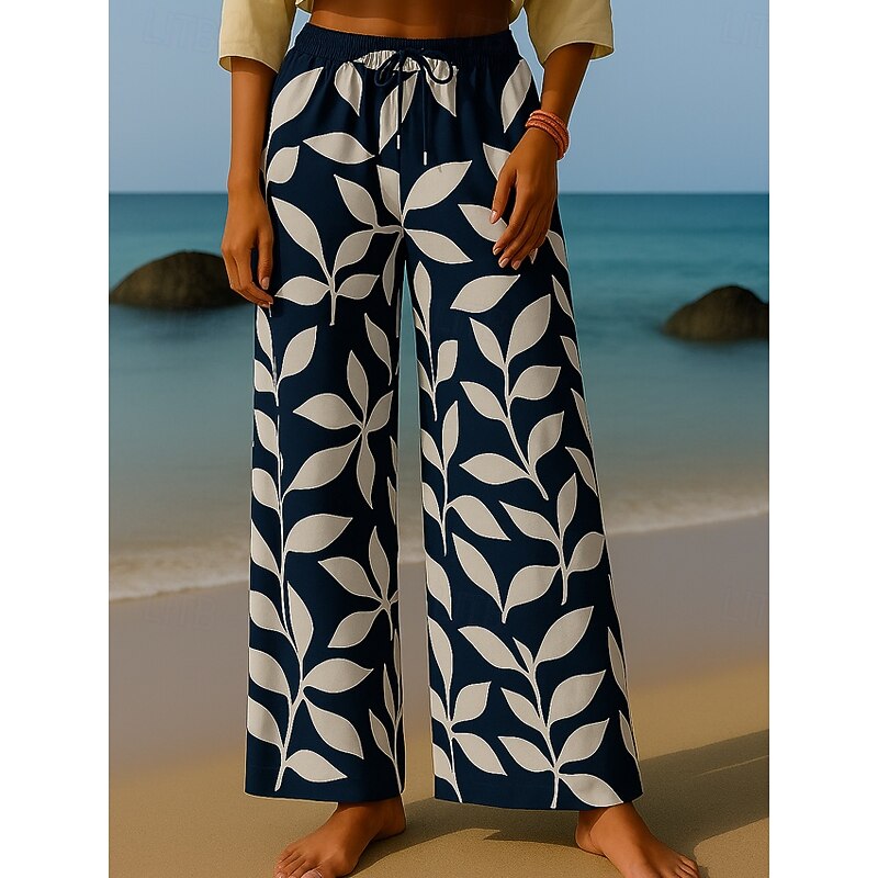 Women's Culottes Wide Leg Wide Leg Chinos Vacation Vintage Ethnic Style Full Length High Waist Floral Graphic Leaf Quick Dry Breathability Soft Inelastic Outdoor Vacation Sport Black Navy Blue Purple3