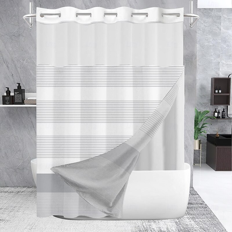 No Hook Geometry Striped Shower Curtain With Snap-in Fabric Liner Sheer Top Window Waterproof Double Layer Bathtub curtain3
