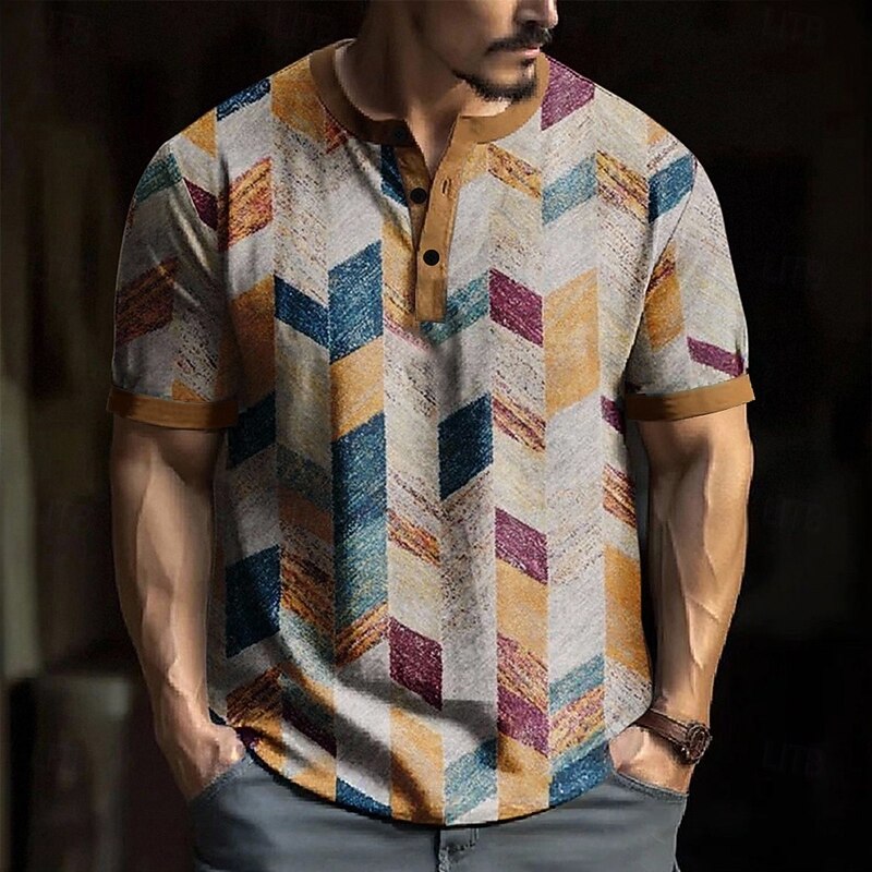 Men's Geometric T Shirt Henley Shirt Short Sleeve Designer Retro Vintage Casual Street Casual Daily Summer Spring Khaki Henley Henley T-Shirt