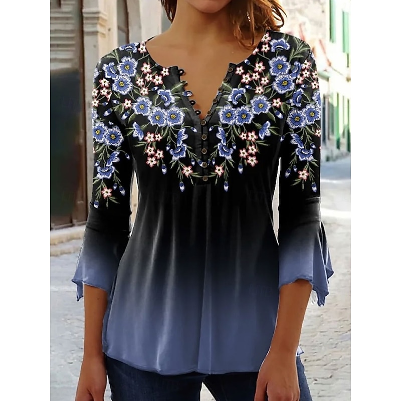 Women's Blouse V Neck Ombre Floral Graphic Elegant 3/4 Length Sleeve Regular Tops Daily Going out Buttons Pink Blue Green Spring Fall