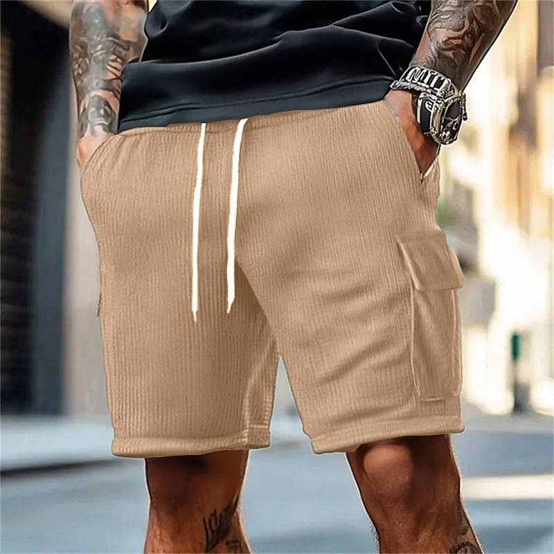 Men's Cargo Shorts Beach Shorts Running Shorts Gym Shorts Drawstring Elastic Waist Multi Pocket Plain Comfort Breathable Knee Length Outdoor Surfing Daily Vacation Streetwear Black Blue Micro-elastic3