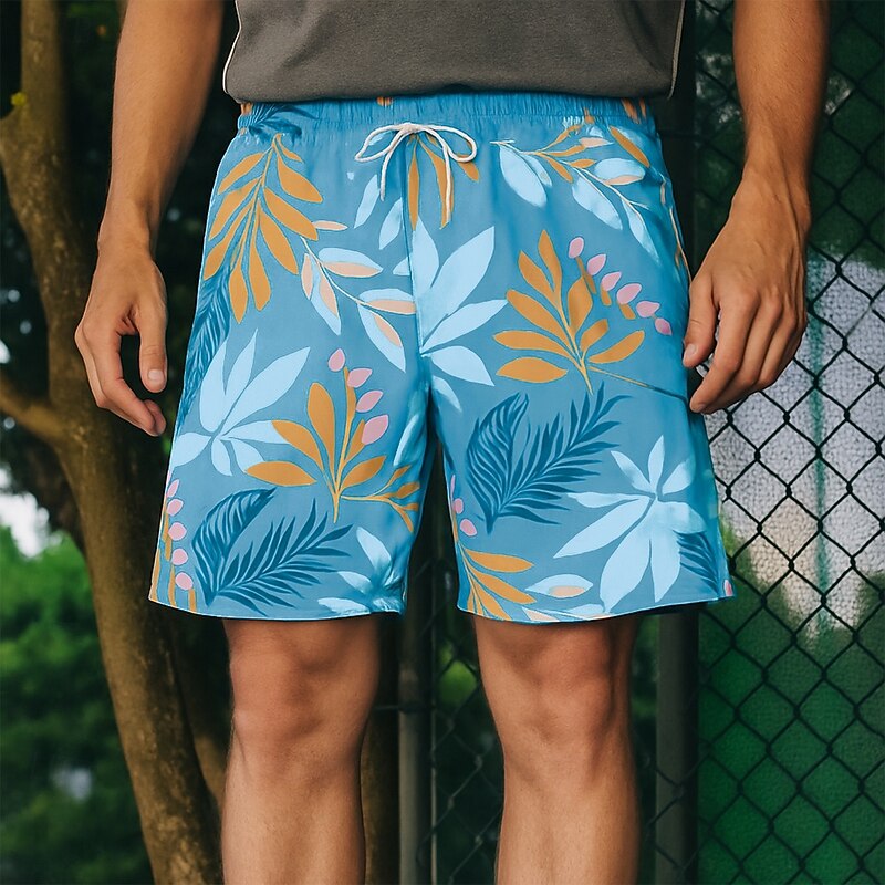 Men's Shorts Beach Shorts Drawstring Graphic Leaf Animal Quick Dry Outdoor Knee Length Outdoor Vacation Home Vacation Ethnic Style Lake blue ArmyGreen Stretchy
