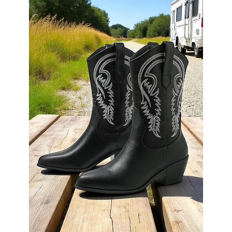 Women's Pink Western-Inspired Ankle Boots with Embroidered Details – Stylish Suede Block Heel Cowboy Boots for Casual Outings, Festivals, and Everyday Wear2