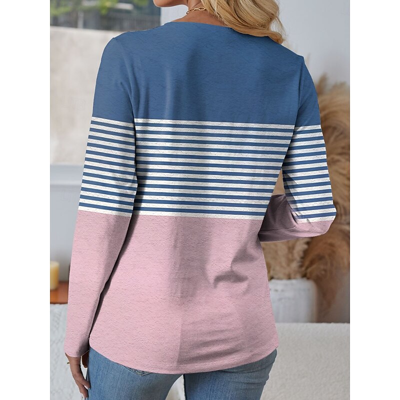 Women's T shirt Crew Neck Long Sleeve Tunic Graphic Geometric Striped Vintage Stylish Classic  Regular Tops Daily Print Pink Fall2