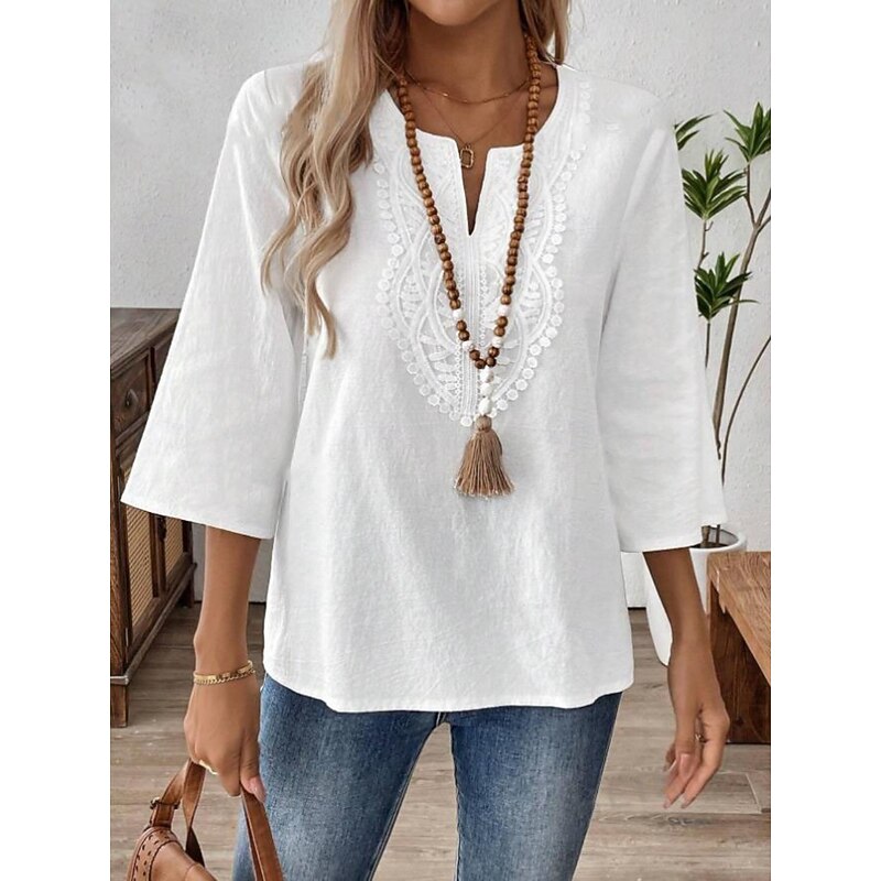 Women's Lace Shirt Solid Color Stylish Casual 3/4 Length Sleeve V Neck Regular Tops Daily Lace Patchwork White Red Blue Gold Summer Spring2
