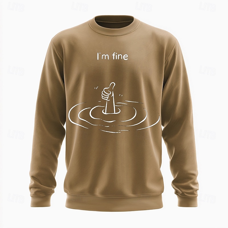 Mens Red Crew Neck Sweatshirt with Funny Drowning Thumbs Up 'I'm Fine' Graphic3
