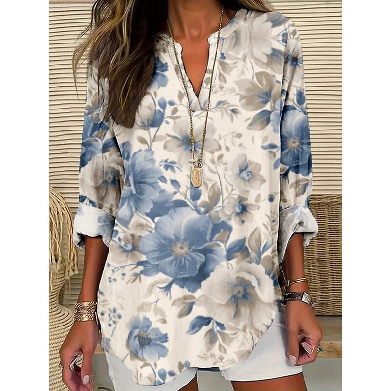 Women's Blouse Floral Stylish Modern Long Sleeve V Neck Regular Tops Daily Holiday Print Light Green Pink Fuchsia Green Dark Gray Summer3