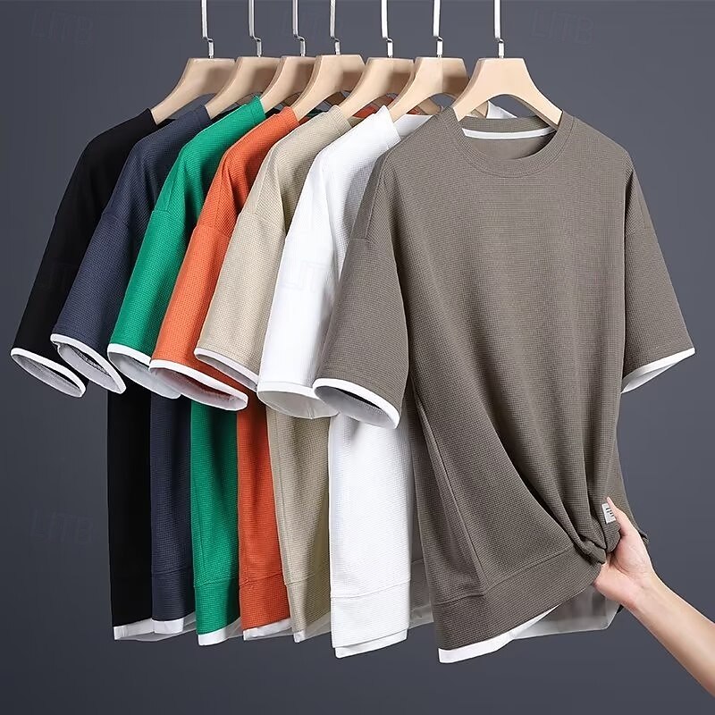 Men's Waffle Tee T Shirt Short Sleeve Short Sleeves Crew Neck Summer Plain Fashion Designer Basic Fake two piece Vacation Street Casual Black White Gray Top Tee for Men