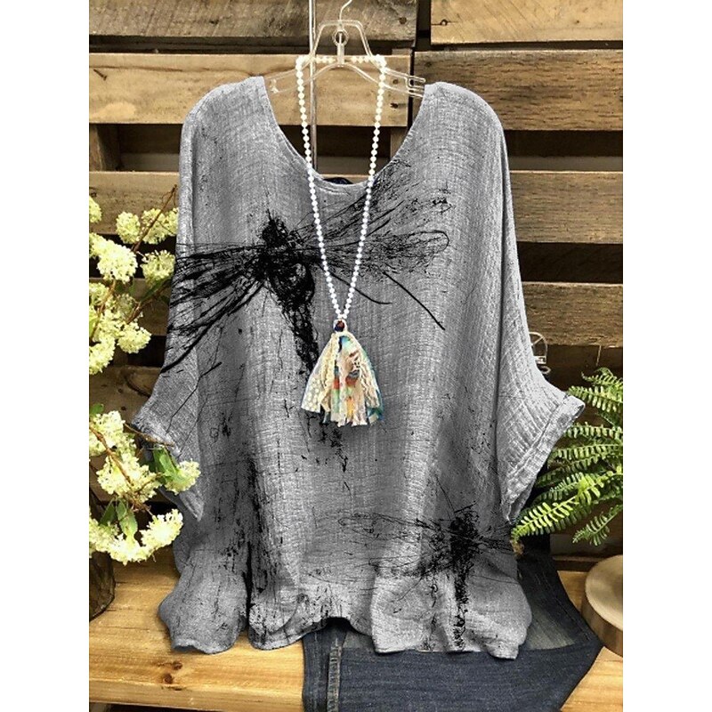 Women's Shirt Floral Butterfly Stylish 3/4 Length Sleeve Crew Neck Regular Tops Daily Holiday Print Blue Orange Khaki Apricot Gray Summer