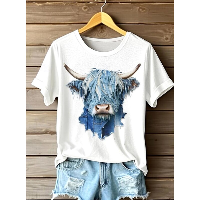 Women's T Shirt Graphic Animal Cow Vintage Stylish Classic Short Sleeve Crew Neck Round Neck Regular Tops Daily Weekend Print White Summer Spring