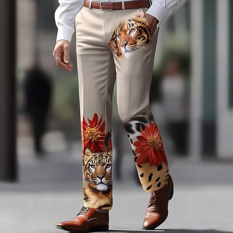 Men's Animal Tiger Dress Pants Trousers Suit Pants Mid Waist Vintage Retro Vacation Casual Regular Fit Flat-Front Straight Leg Pants with Pockets Summer Spring Fall 3D Print Orange khaki2