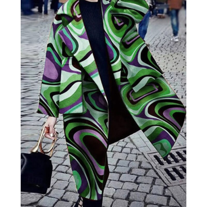 Women's Trench Coat Comfortable Pocket Print Fashion Modern Floral Outdoor Vacation Open Front Long Turndown Regular Fit Long Sleeve Outerwear Red Purple Green Fall Winter2