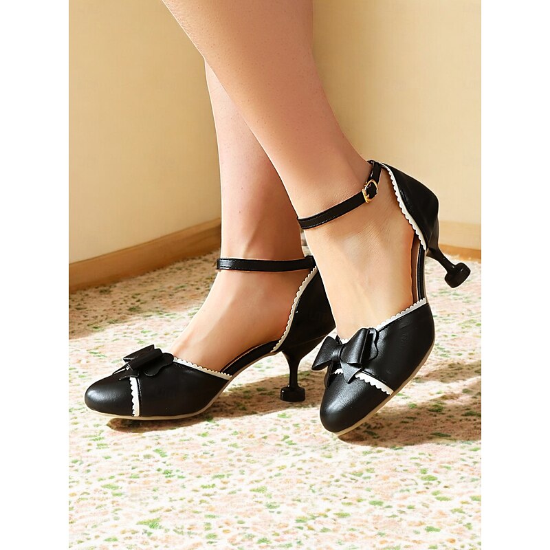 Women's 1950s Black Vintage Kitten Heel Pumps - Faux Leather Bow Ankle Strap Shoes with White Trim for Retro Parties or Afternoon Tea4