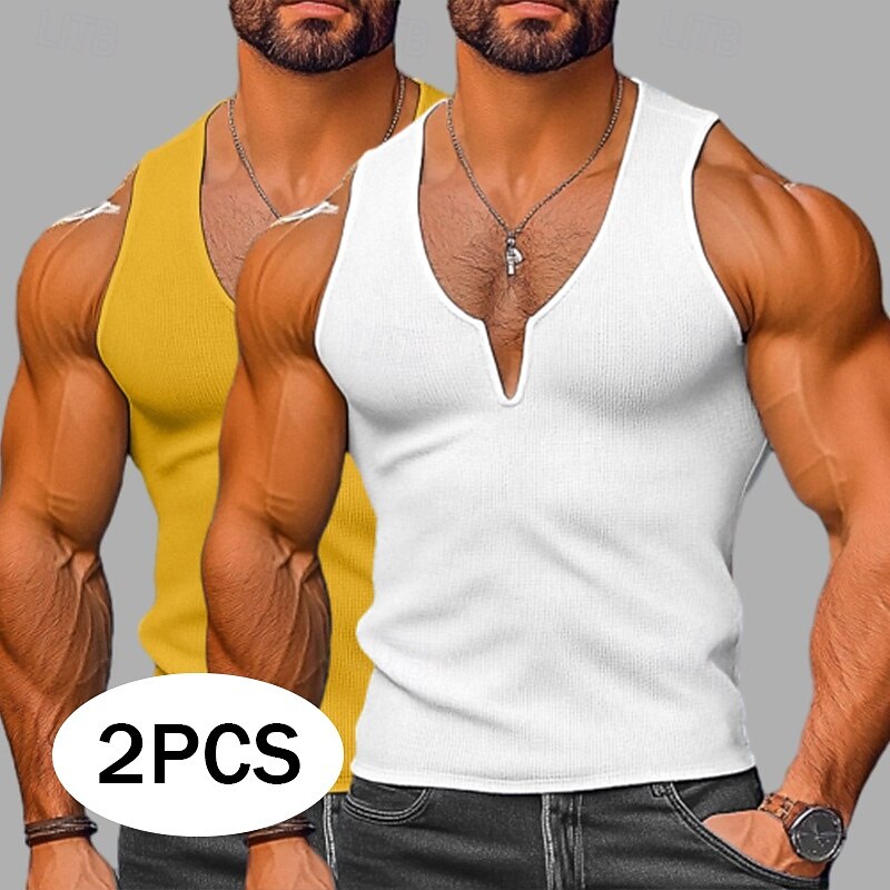 Men's Waffle Tank Top Tank Top Vest Undershirt Sleeveless V Neck Summer Plain Fashion Classic Casual 2 Piece Street Casual Sports Yellow+Blue Yellow+Light Gray Gray+White Top Tee for Men