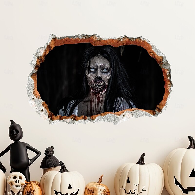 Halloween Wall Decal Sticker 3D Cracked Wall Zombie Removable Scary Halloween Decoration for Living Room Wall Home Party Horror Decor4
